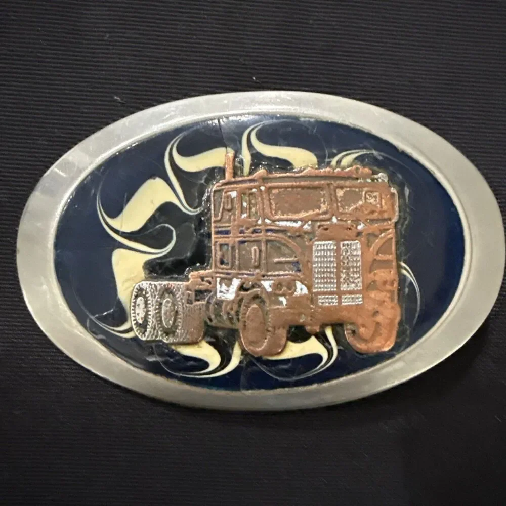 Semi Truck Trucker Driver Vintage Oval Belt Buckle White & Blue Enamel